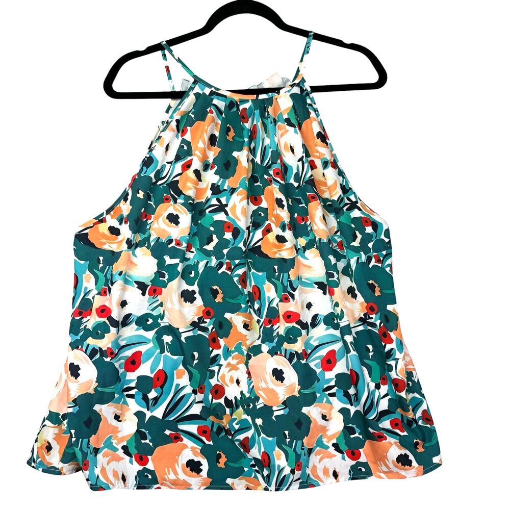 SHEIN Top Women's 3XL Curve Green Watercolor Floral Print Sleeveless Halter Neck